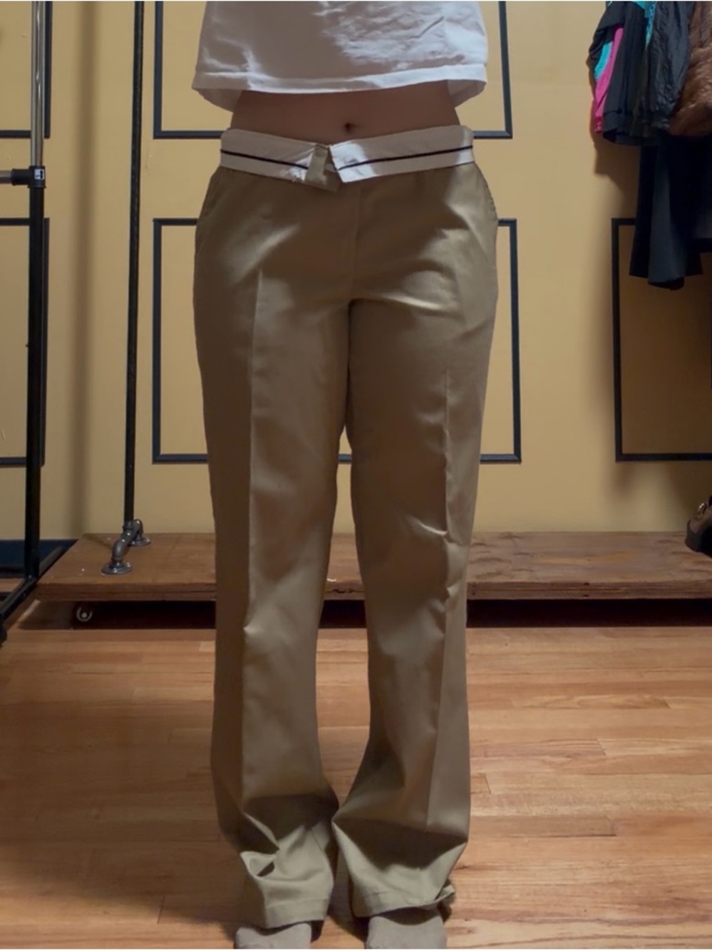 Tan Straight Leg Pants with Foldable Waist